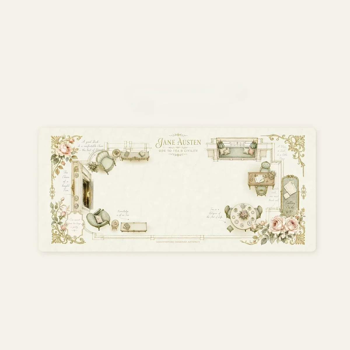 Exquisite Jane Austen desk mat. Multiple views reveal delicate vintage florals, classic motifs, and a serene tea garden aesthetic.