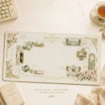 Exquisite Jane Austen literary desk mat for elegant workspaces, showcasing delicate vintage florals, classic motifs, and a serene tea garden aesthetic.