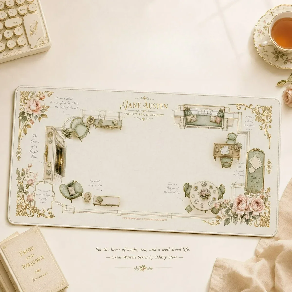 Exquisite Jane Austen literary desk mat for elegant workspaces, showcasing delicate vintage florals, classic motifs, and a serene tea garden aesthetic.