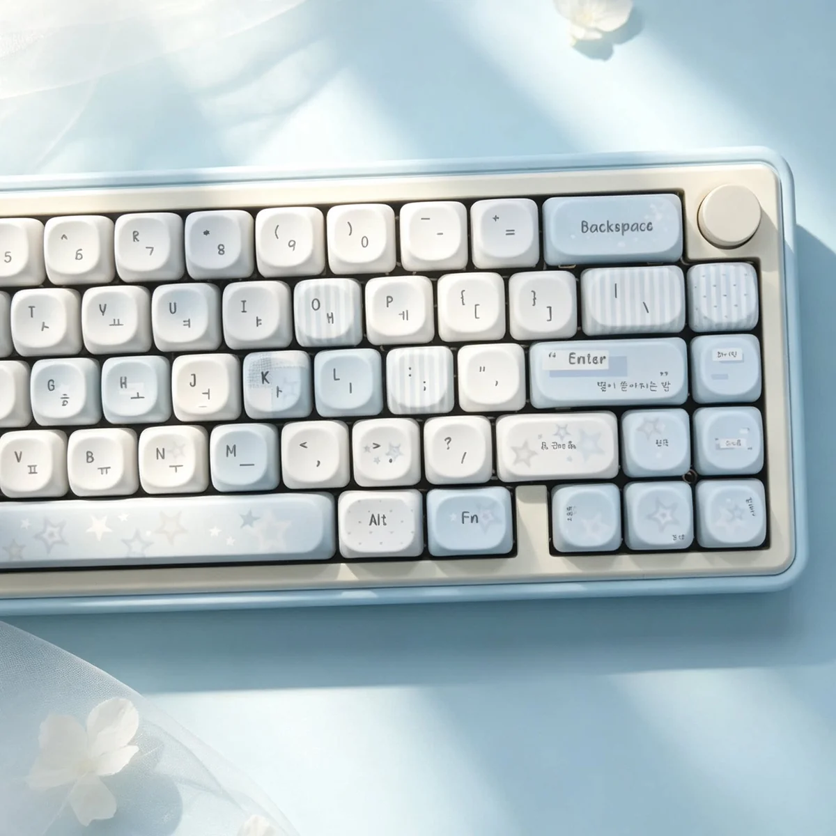 Close-up view of serene grey-blue PBT Korean MOA keycaps set, highlighting their unique rounded profile and crisp Korean legends for an elegant, minimalist design.