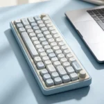 A collection of serene grey-blue Korean MOA PBT keycaps set, showcasing their unique rounded profile and elegant Korean legends from various angles.