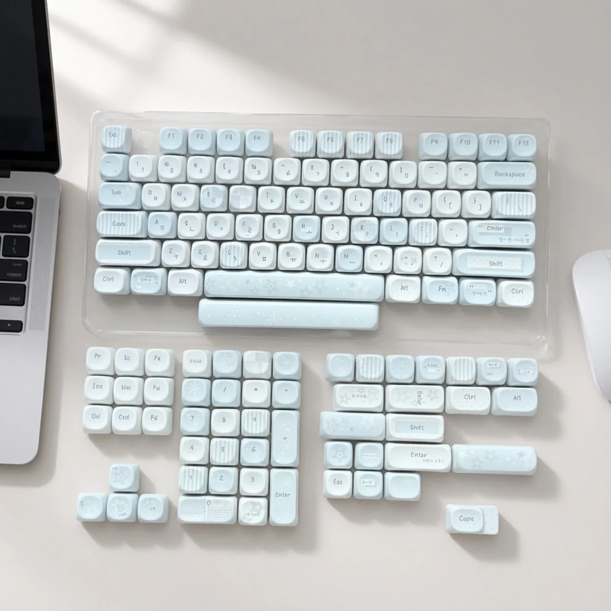 Serene grey-blue Korean MOA PBT keycaps set. Showcases unique rounded MOA profile and crisp Korean legends, embodying minimalist elegance for premium typing experience.