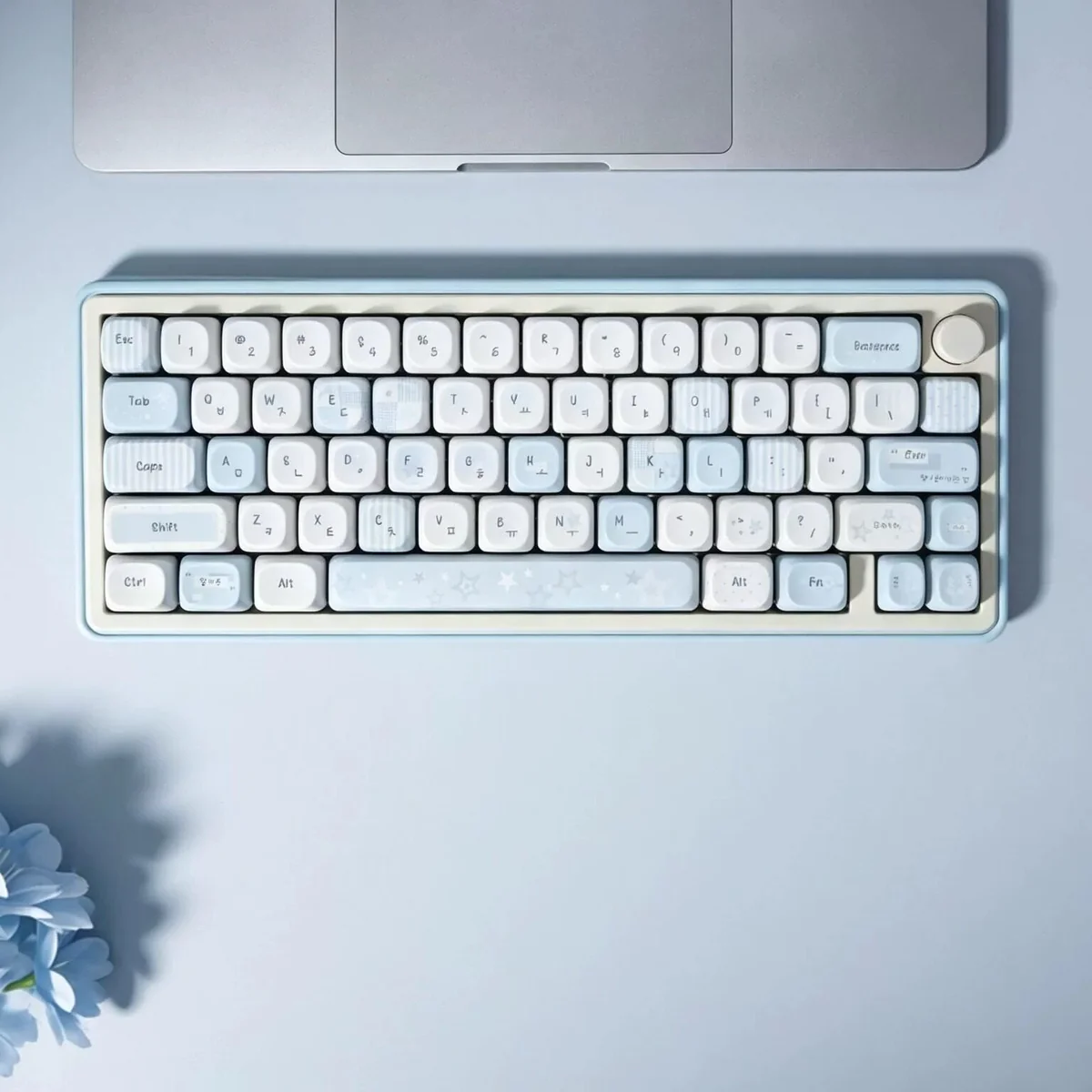 Serene grey-blue Korean MOA PBT keycap set displaying their unique rounded profile and elegant Korean legends for a premium typing experience.