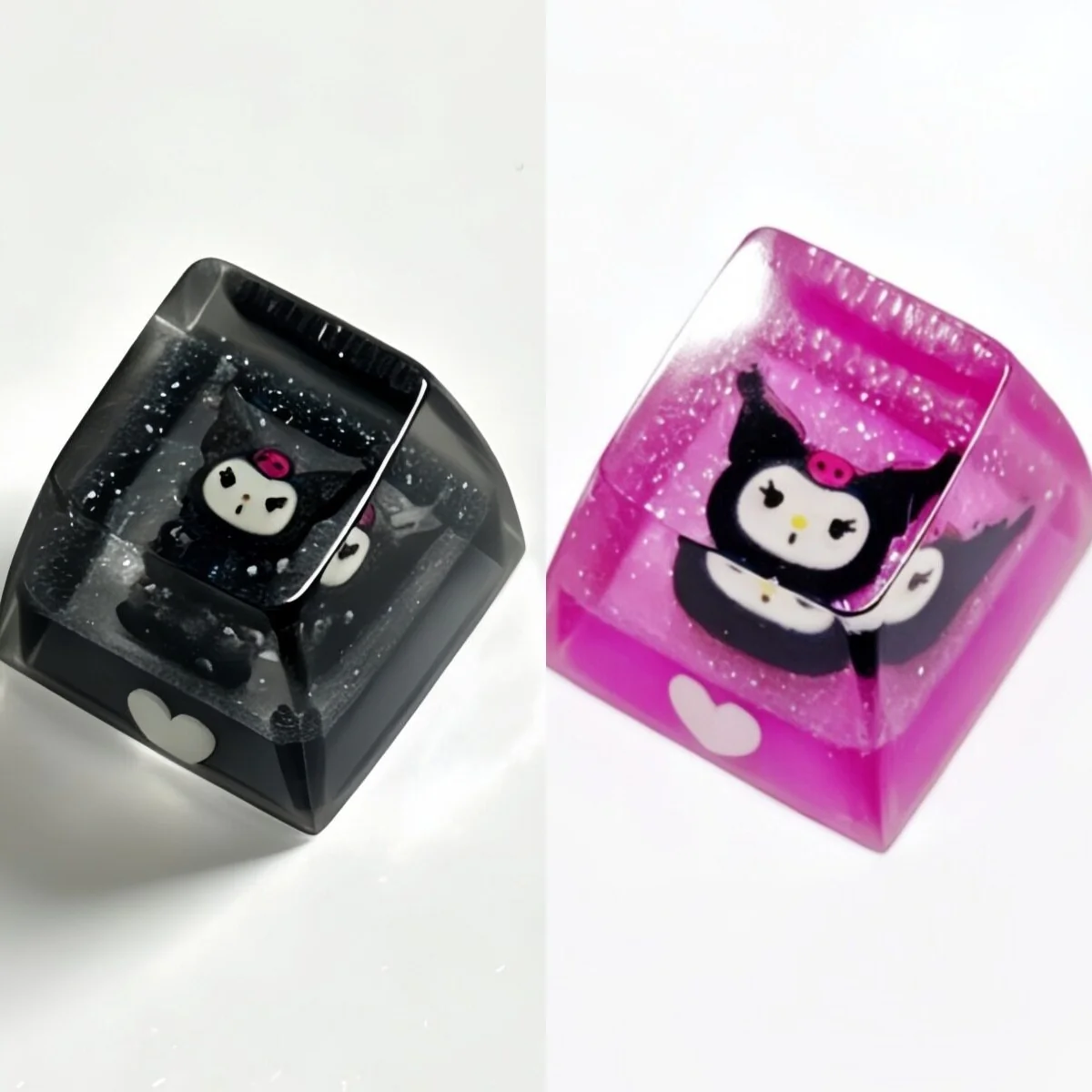 Handcrafted translucent Mischievous Kuromi resin keycap in SA profile, showcasing its glossy finish and vibrant glow on a keyboard.