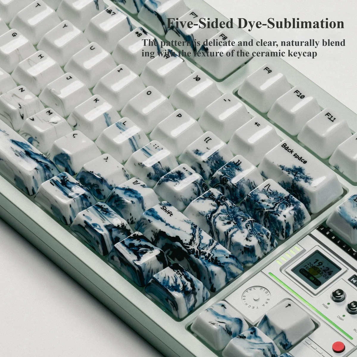 Landscape Painting ceramic keycap, displaying a unique angle of its traditional landscape painting and premium, high-gloss finish, ideal for Zen desk.
