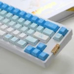 Leisure Rabbit PBT keycaps: whimsical blue-white full set, displayed from varied angles, with serene rabbit motifs for tranquil desktops.