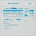 Whimsical blue & white Leisure Rabbit PBT keycaps, showcasing serene, nature-inspired rabbit motifs. Durable PBT is presented from various angles.