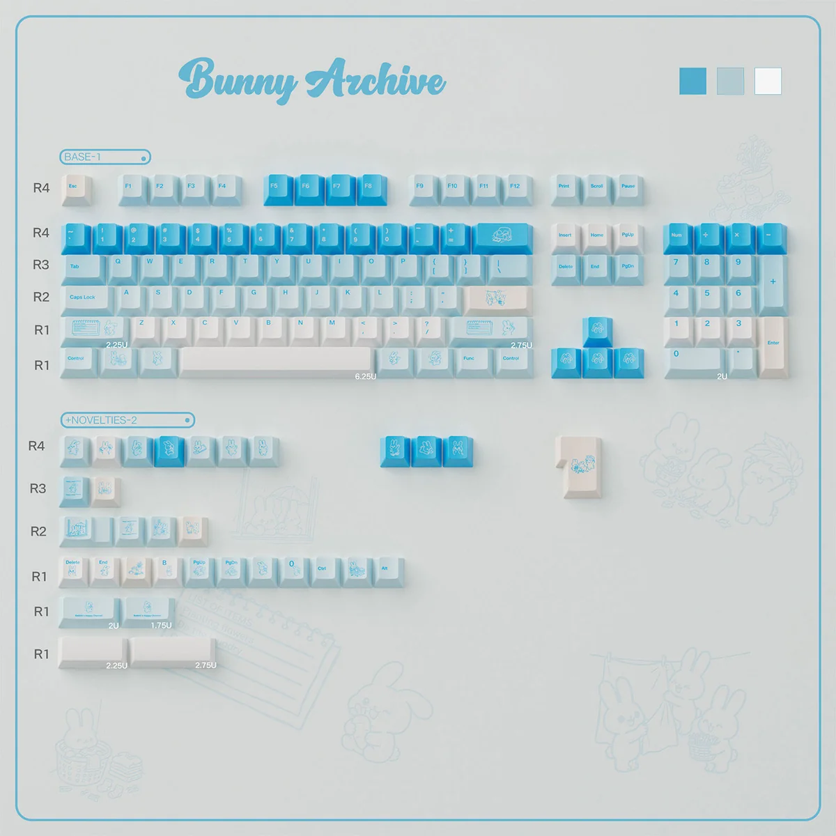 Whimsical blue & white Leisure Rabbit PBT keycaps, showcasing serene, nature-inspired rabbit motifs. Durable PBT is presented from various angles.