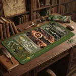 Close-up of the Lord Rings Desk Mat, showcasing the authentic, detailed Middle-earth map with artistic fantasy landscapes. Perfect for an epic workspace.