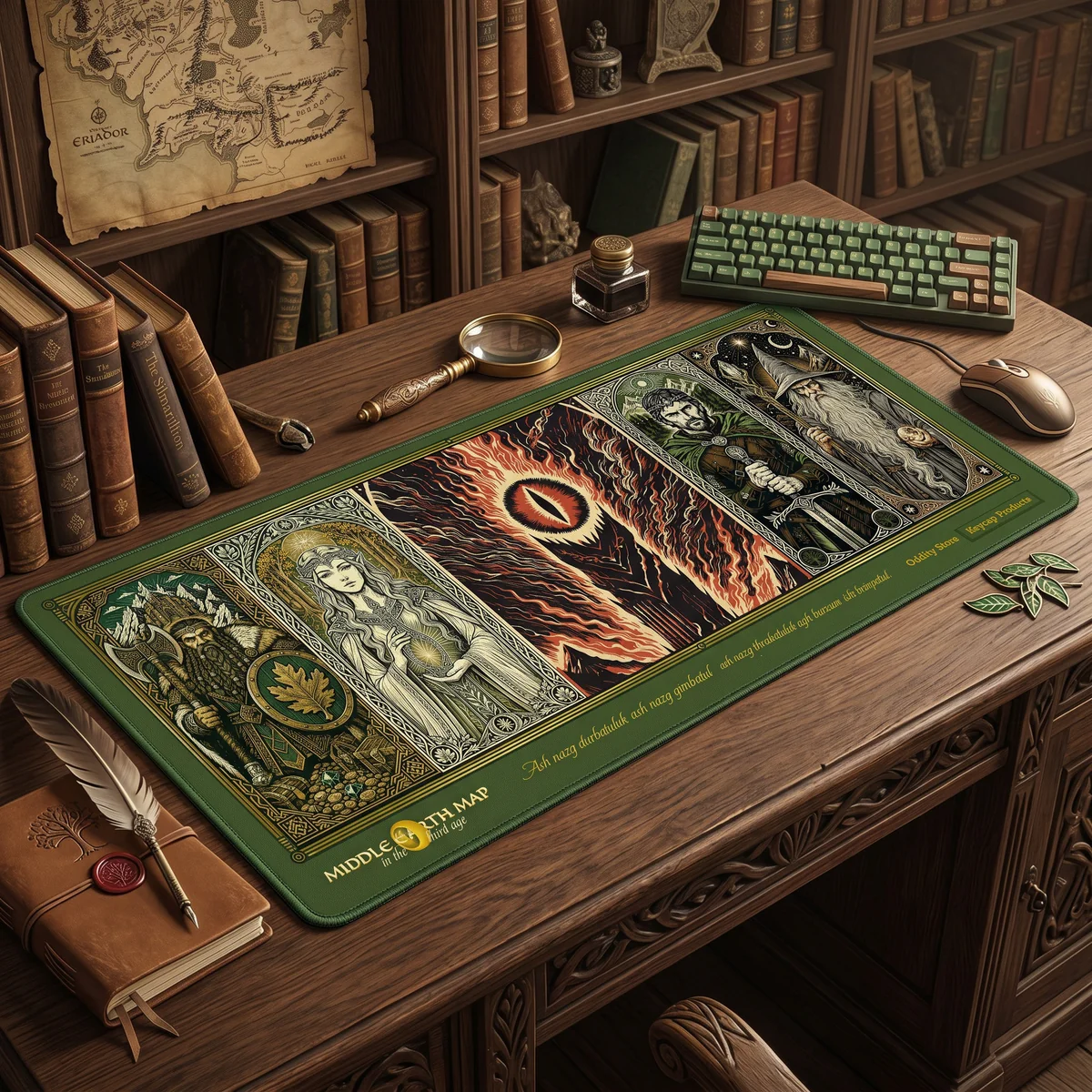 Close-up of the Lord Rings Desk Mat, showcasing the authentic, detailed Middle-earth map with artistic fantasy landscapes. Perfect for an epic workspace.
