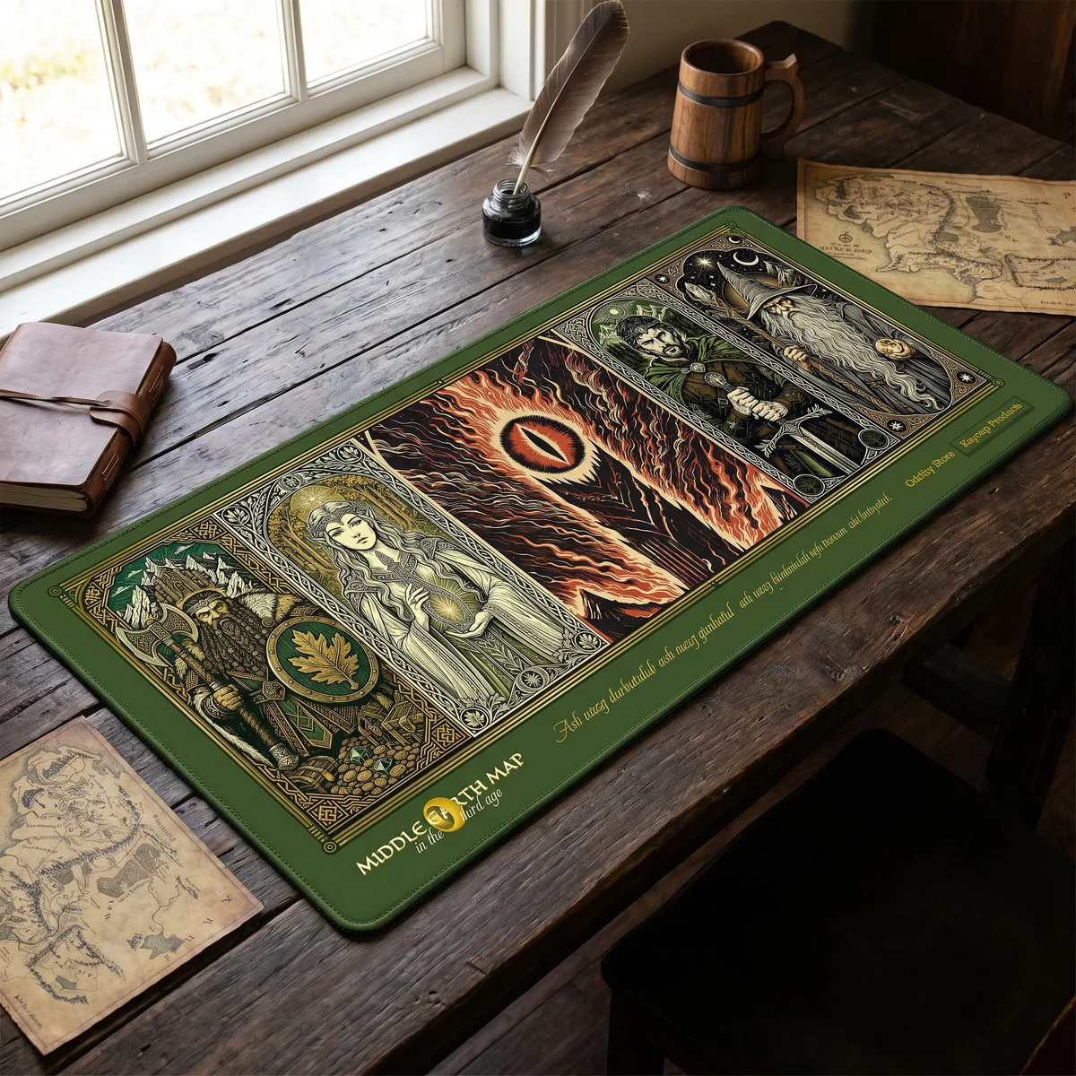 Detailed view of the Lord Rings Desk Mat, revealing the authentic Middle-earth map's intricate details and iconic fantasy landscapes for your workspace.