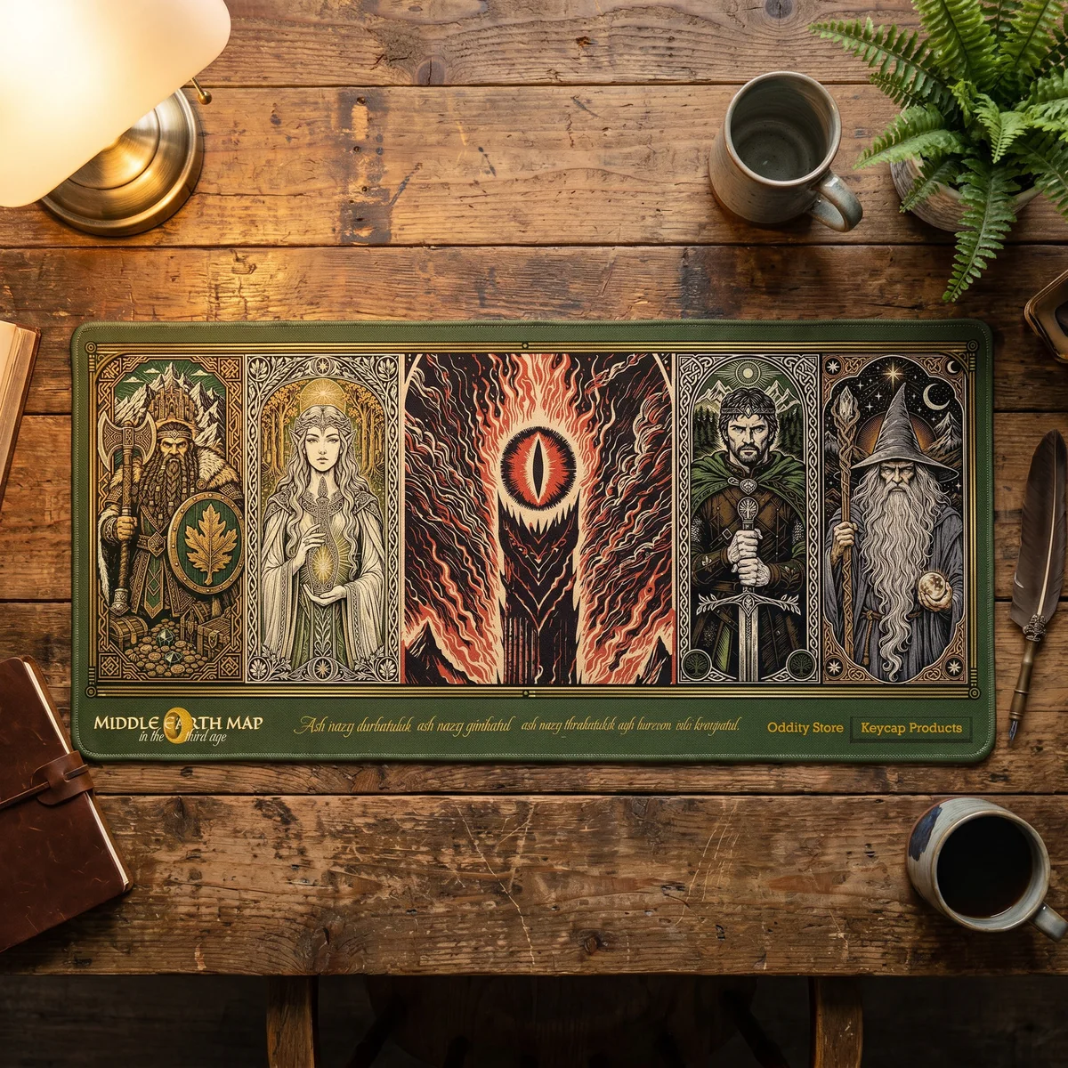 Authentic Lord Rings Desk Mat showcasing an artistic, detailed Middle-earth map. Embark on a Middle-earth adventure right on your workspace with this desk mat.