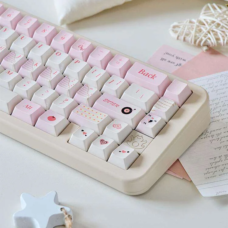 Love Diary Keycaps set, highlighting the unique profile and premium thick PBT with a warm, vintage stationery aesthetic from multiple angles.