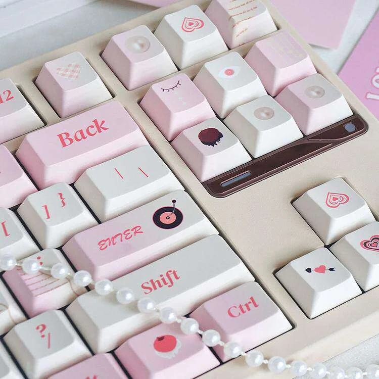 Original thick PBT Love Diary keycaps, showcasing premium quality, comfortable profile, and warm, muted vintage stationery aesthetic.