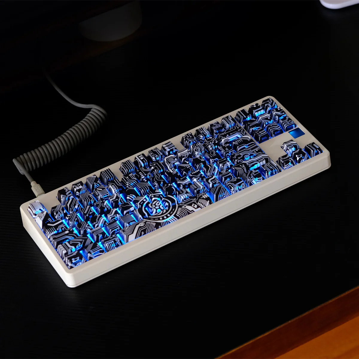 The Luminous Circuit Diagram Keycaps Set displayed, revealing its unique glowing circuit board patterns and intricate tech art design.