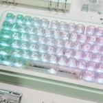 Detailed view of the premium Mint Carbon Fiber Transparent PC Keycap for MX keyboards, revealing its unique translucent design, cool mint tones.