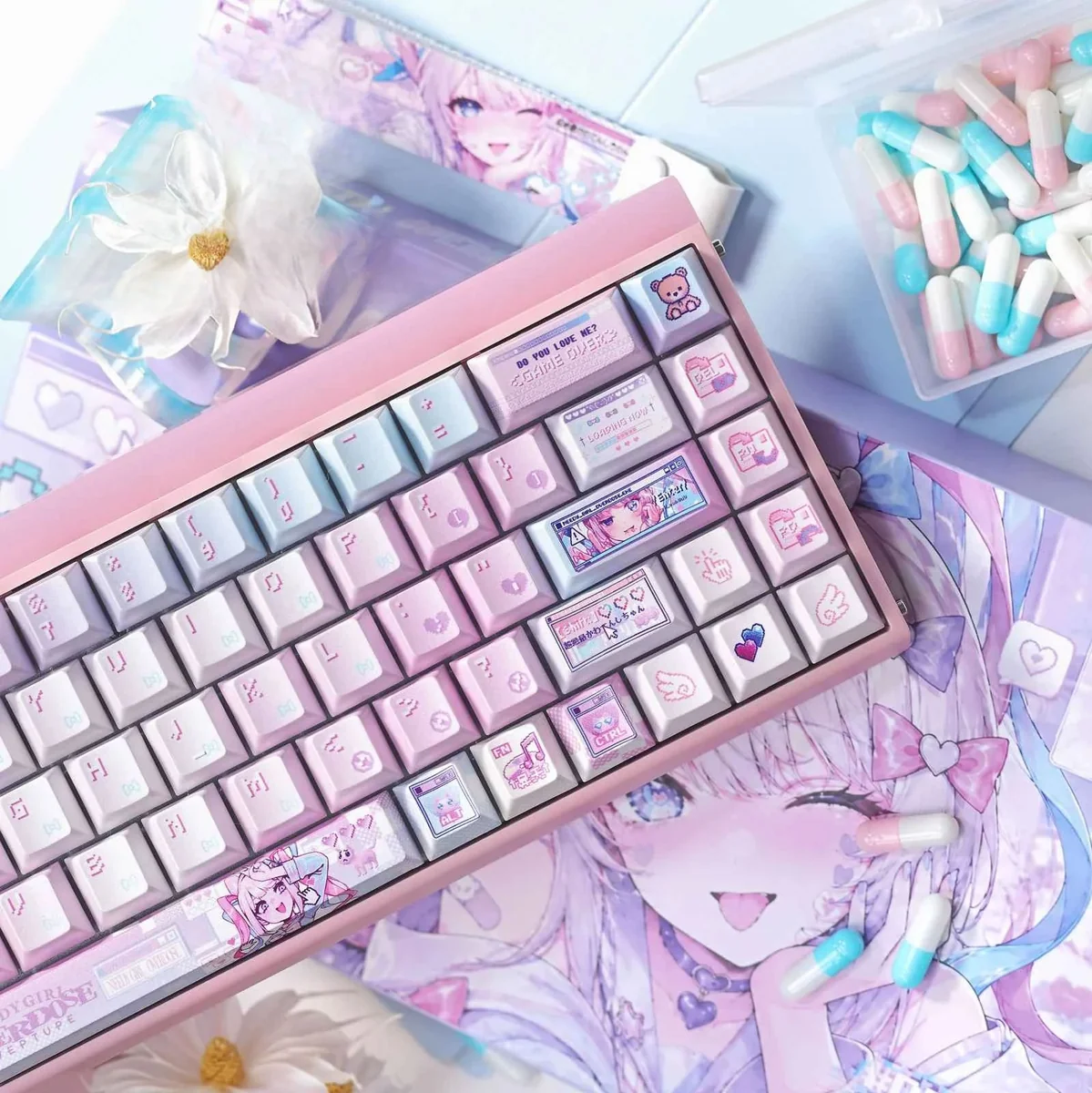 Exclusive Needy Streamer Overload 3.0 PBT keycap set, featuring vibrant KAngel anime art and an internet culture aesthetic with a pearlescent finish.