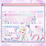 Exclusive Needy Streamer Overload PBT keycaps. Vibrant KAngel anime art and internet culture aesthetic, shown from various angles, highlighting the pearlescent finish from multiple angles.