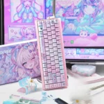 Exclusive Needy Streamer Overload 3.0 PBT Keycaps featuring vibrant KAngel anime art with a pearlescent finish, for an artistic keyboard.