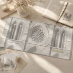 An artistic close-up of the Notre-Dame de Paris Desk Mat, revealing its majestic gothic architecture and whimsical streetscape design.