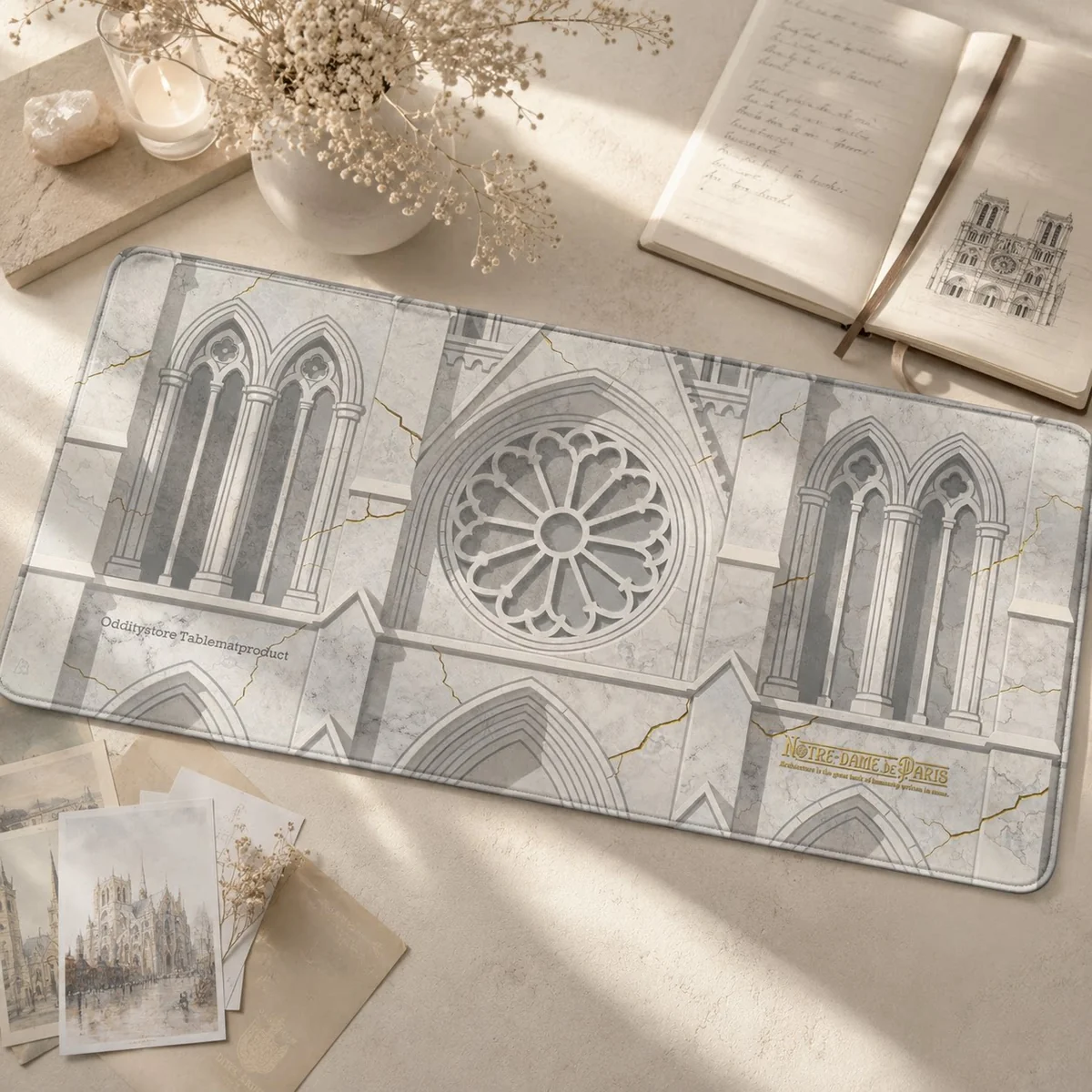 An artistic close-up of the Notre-Dame de Paris Desk Mat, revealing its majestic gothic architecture and whimsical streetscape design.