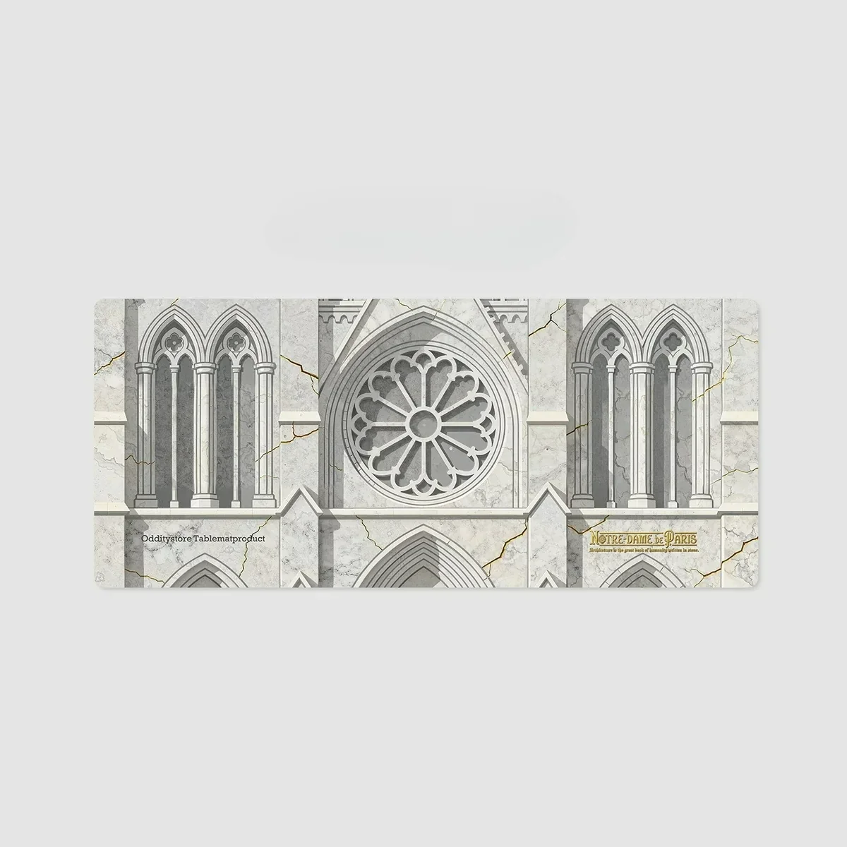 Close-up of the iconic Notre-Dame de Paris Desk Mat, showcasing its majestic gothic architecture and whimsical European streetscape design.