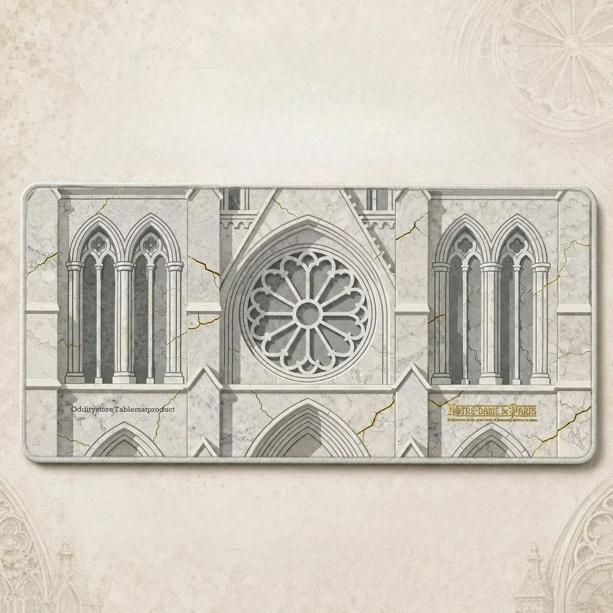 Artistic Notre-Dame de Paris Desk Mat, a literary fantasy with majestic gothic architecture and whimsical European streetscapes. Iconic design.