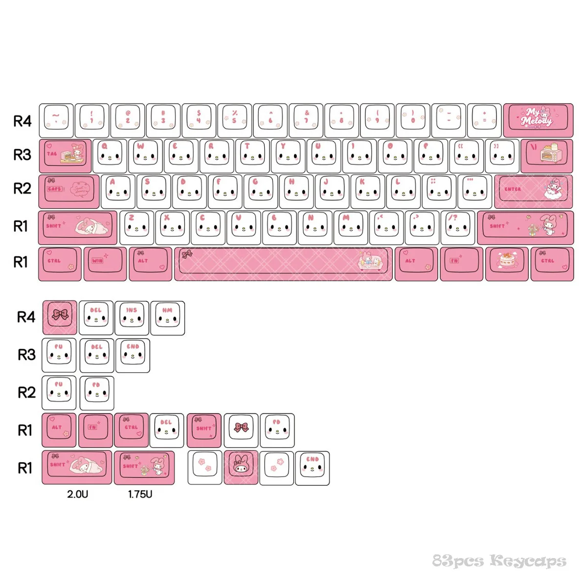 Adorable My Melody PBT Dye-Sub keycap set, vividly displayed from multiple angles. Features charming pastel pinks and iconic My Melody character design.