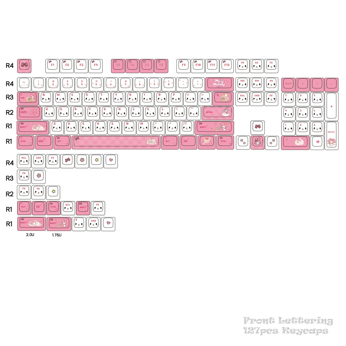 Adorable My Melody front-engraved PBT dye-sub keycaps in soft pastel pink, showcasing charming character art, perfect for 60-68 layout keyboards.