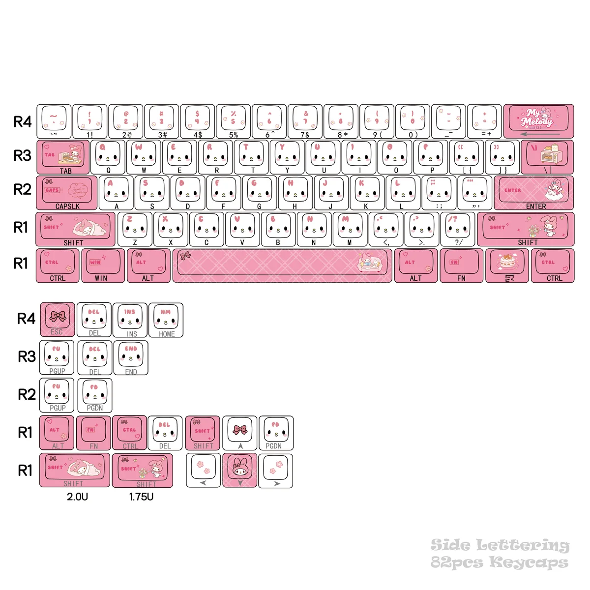 Adorable My Melody PBT dye-sub front-printed keycaps in soft pastel pink, bringing playful charm to keyboards with 60-108 layouts.