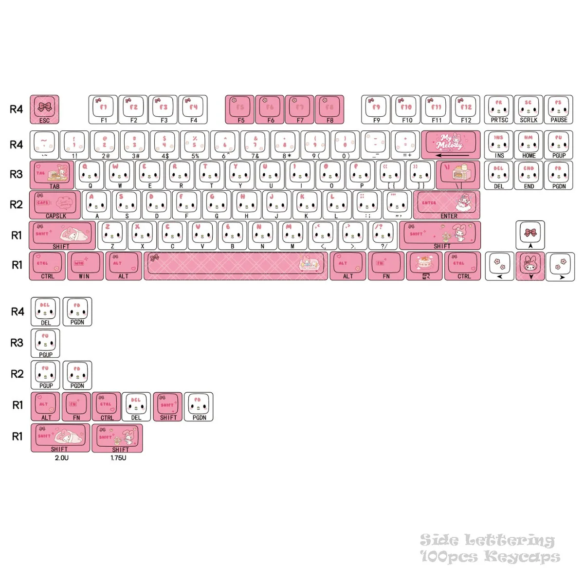 Adorable My Melody PBT dye-sub side-printed keycaps in soft pastel pink, featuring charming character art for 60-68 layout keyboards.