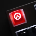 Playful translucent Overwatch R4 gaming keycap gallery, revealing its iconic design and vibrant glow from diverse perspectives on a mechanical keyboard.