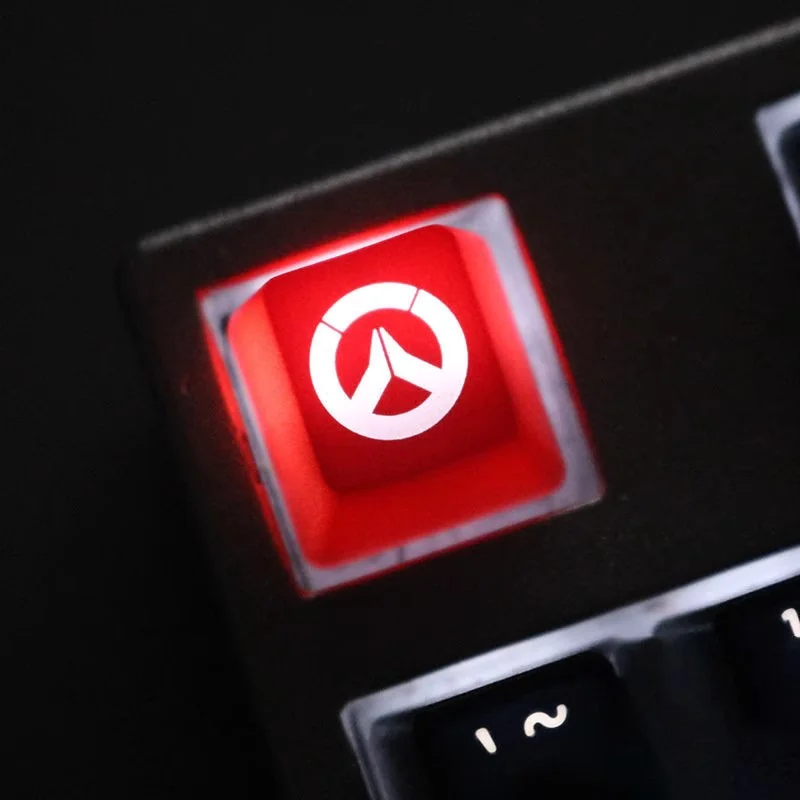 Playful translucent Overwatch R4 gaming keycap gallery, revealing its iconic design and vibrant glow from diverse perspectives on a mechanical keyboard.