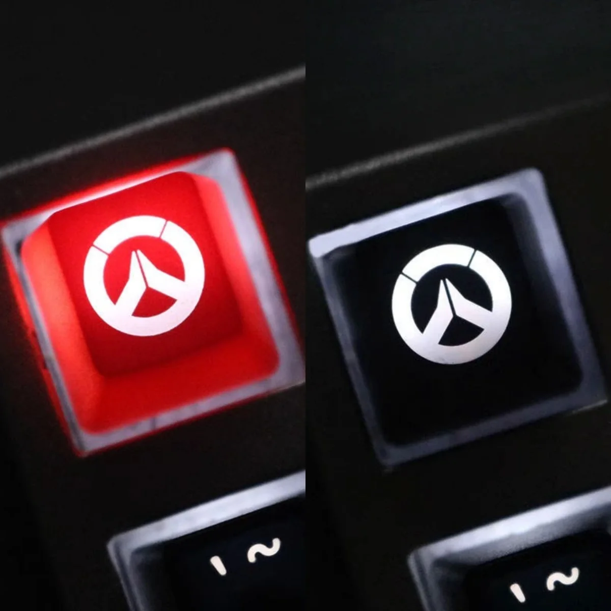 Zoomed in on a translucent Overwatch R4 gaming keycap, showcasing its vibrant, iconic design and ready to glow on any mechanical keyboard.