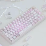 Pastel pink Love Mailbox keycaps with gingham, bows, hearts and side-lit PBT legends, shown as a 145-key boxed set.