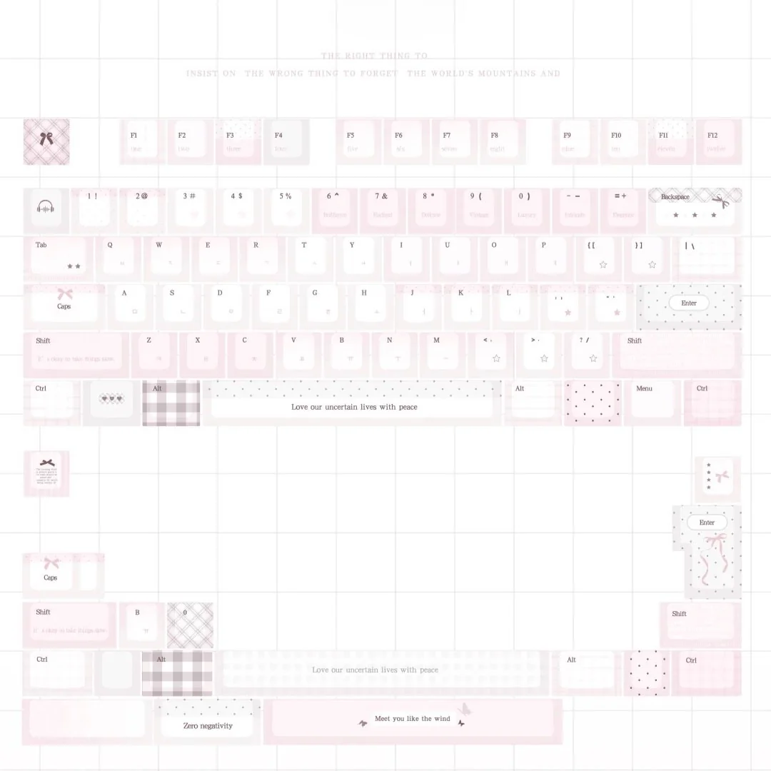 Pastel pink keycaps with gingham, bows, and hearts showcase side-lit PBT full keycap set style for a dreamy, playful desk.