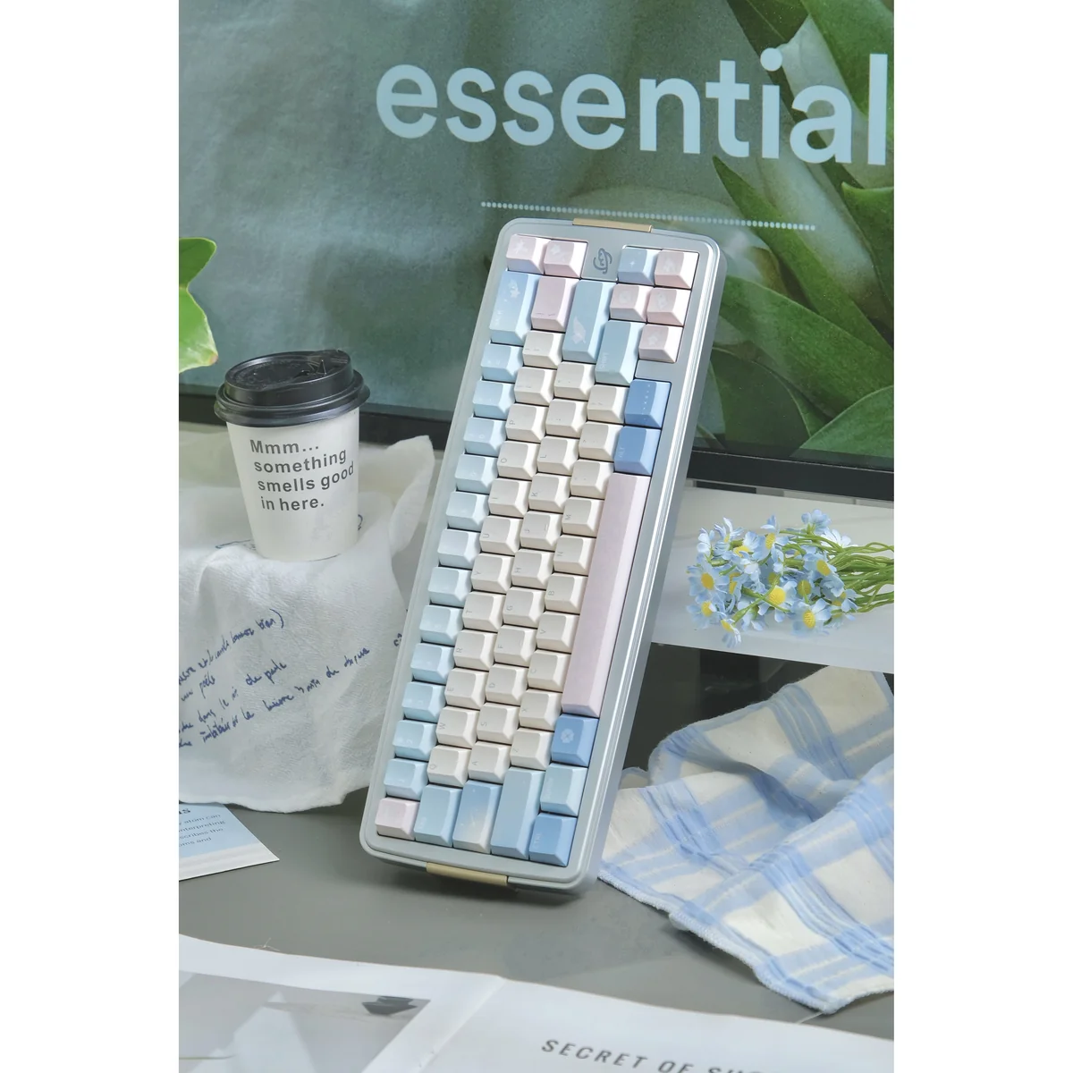 Poetic Tranquility PBT Keycaps set, displaying soft pastel blue and pink on a keyboard, evoking serene artistic design and premium PBT.