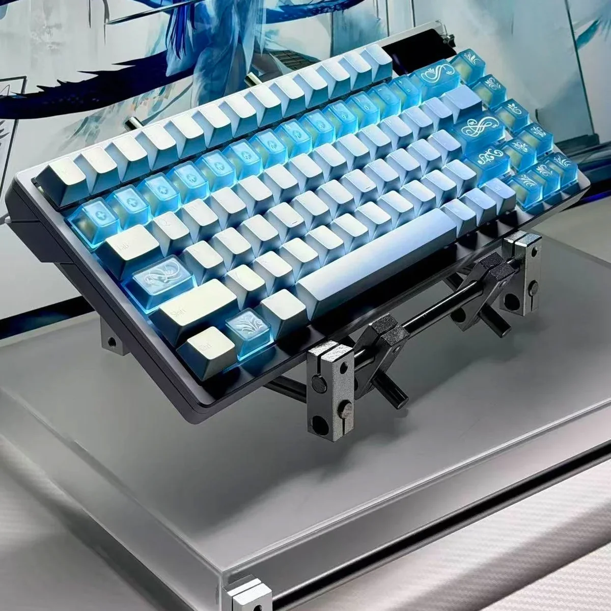 This image shows an angled view of translucent blue keycaps with pearlescent glow, delicate floral vine engravings, and luminous shine-through.