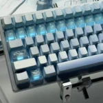 Translucent blue keycaps with pearlescent glow reveal frosted ice-blue shine-through and delicate floral vine engravings on a mechanical keyboard.