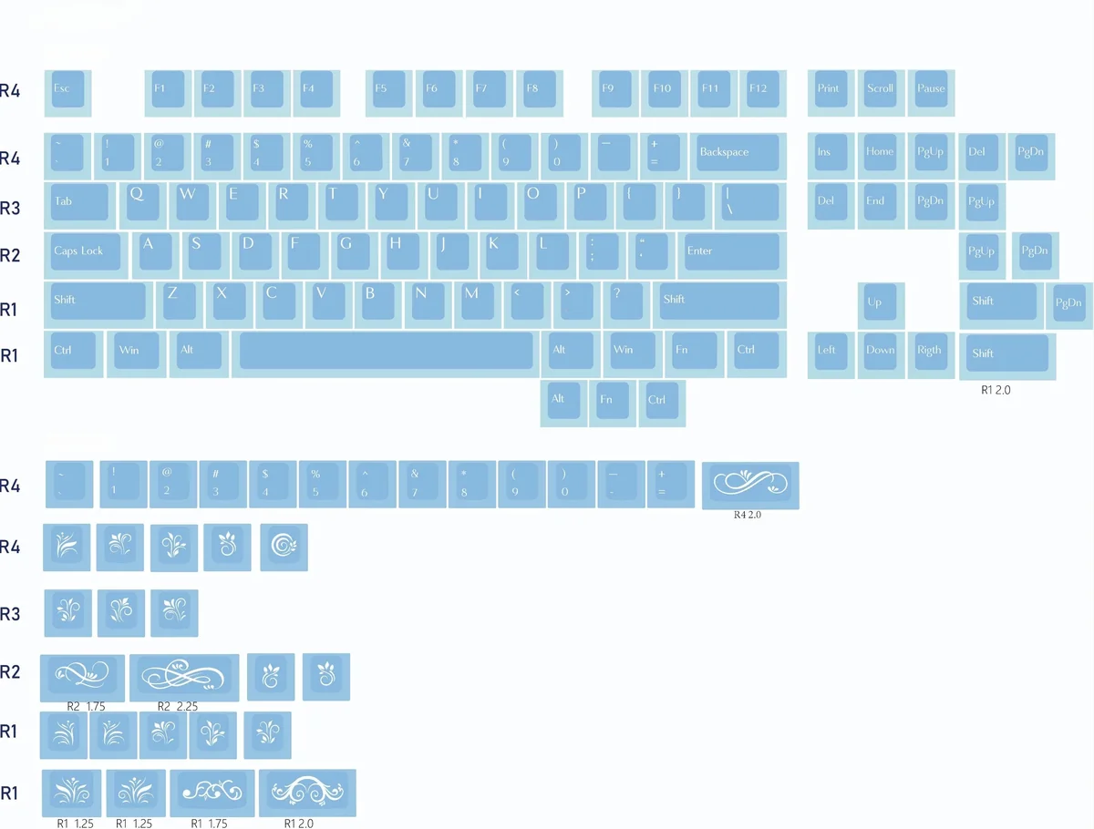 Translucent blue keycaps set with pearlescent glow, frosted ice-blue shine-through PBT/PC and delicate floral vine engravings.