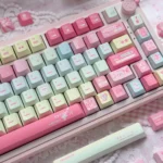 A playful, vibrant Players Keycap Set with authentic Kanji legends, displayed from various angles highlighting its nostalgic design.