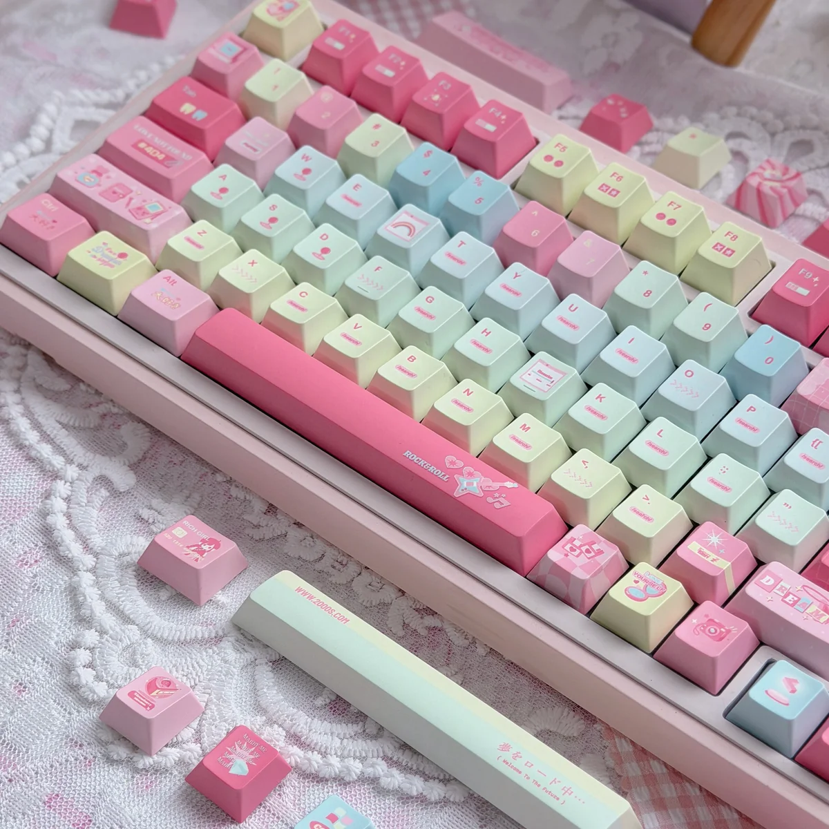 Vibrant Players Keycap Set, featuring authentic Kanji legends and a nostalgic aesthetic, shown from multiple playful angles.