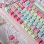 Vibrant Players Keycap Set, 130 keys, showcasing authentic Kanji legends from various angles. Perfect for a nostalgic mechanical keyboard.