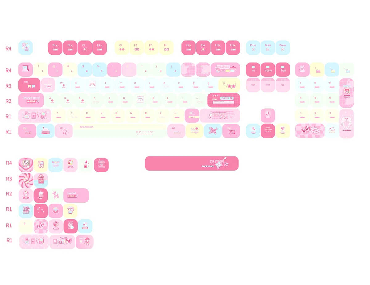 Players Keycap Set, 130 keys with authentic Kanji, showcasing these playful retro Japanese keycaps for a nostalgic keyboard.