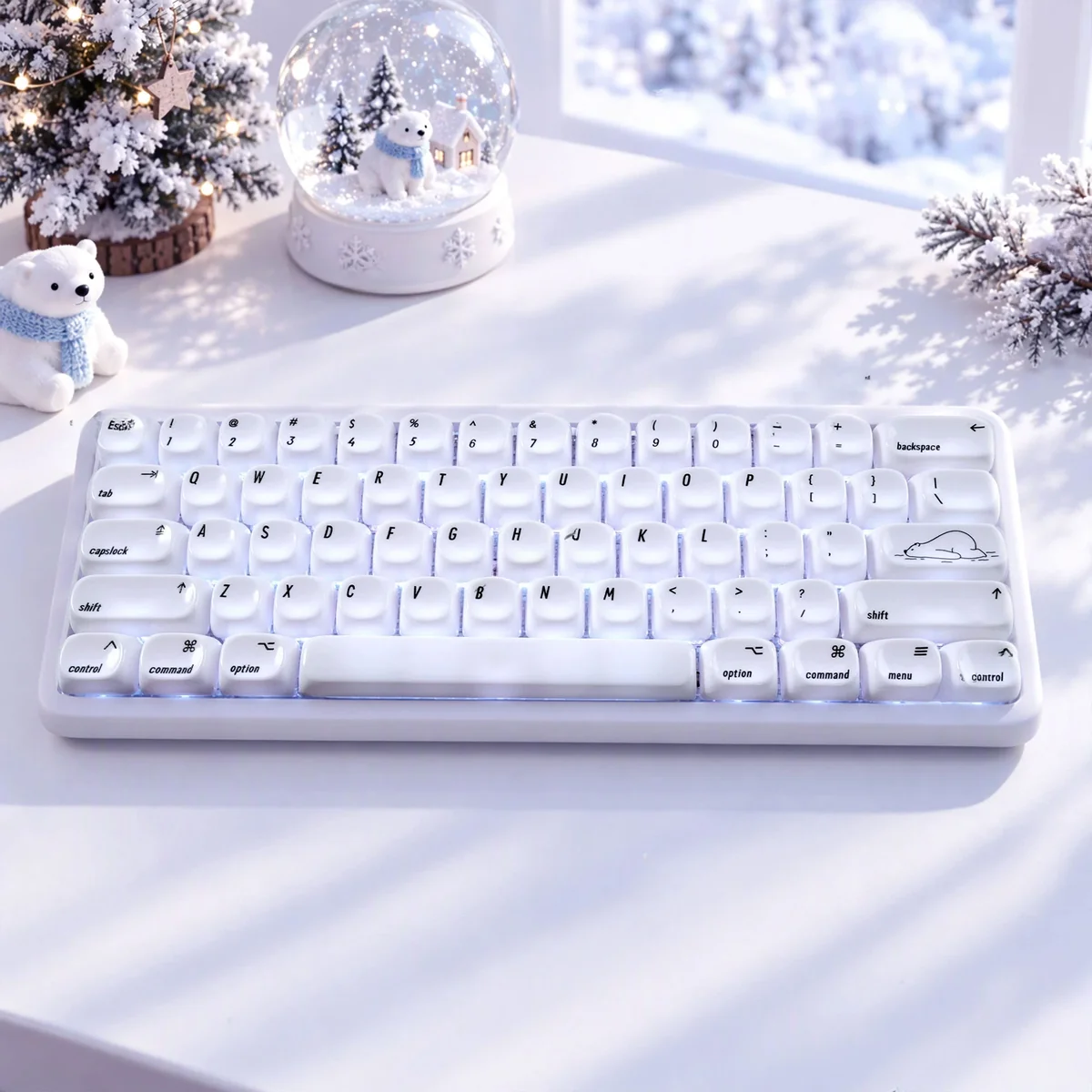 Polar Bear keycaps on a white 139-key PC MOA keyboard with playful bear novelties, displayed in a cozy snow globe winter scene.