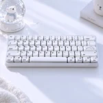 Polar Bear keycaps on a white MOA 139-key keyboard with a sleeping bear enter novelty and a soft blue snow globe.