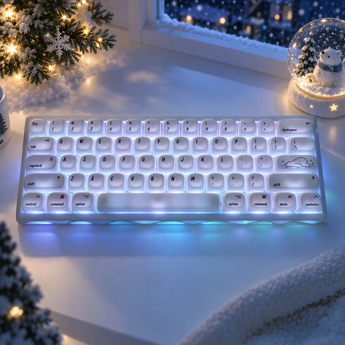 Polar Bear Keycaps 139-key MOA set glowing in a cozy winter snowscape with a polar bear snow globe and soft icy blue light.