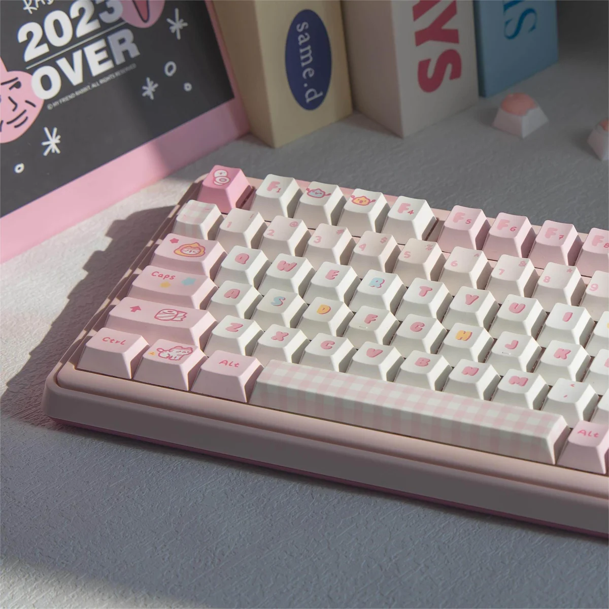 Pooping Kitten Keycap Set, playful close-up showing humorous cartoon cat designs on individual keys from the complete 152-key whimsical collection.
