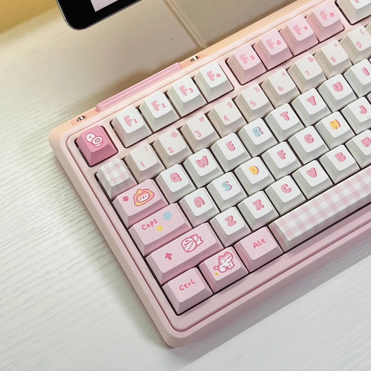 Pooping Kitten Keycap Set displayed from various angles, highlighting its complete 152-key collection with whimsical and humorous cartoon feline design.