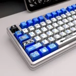Close-up of the Poseidon's Realm metallic PBT keycap set, highlighting its majestic deep oceanic colors and exquisite metallic sheen from a unique angle.